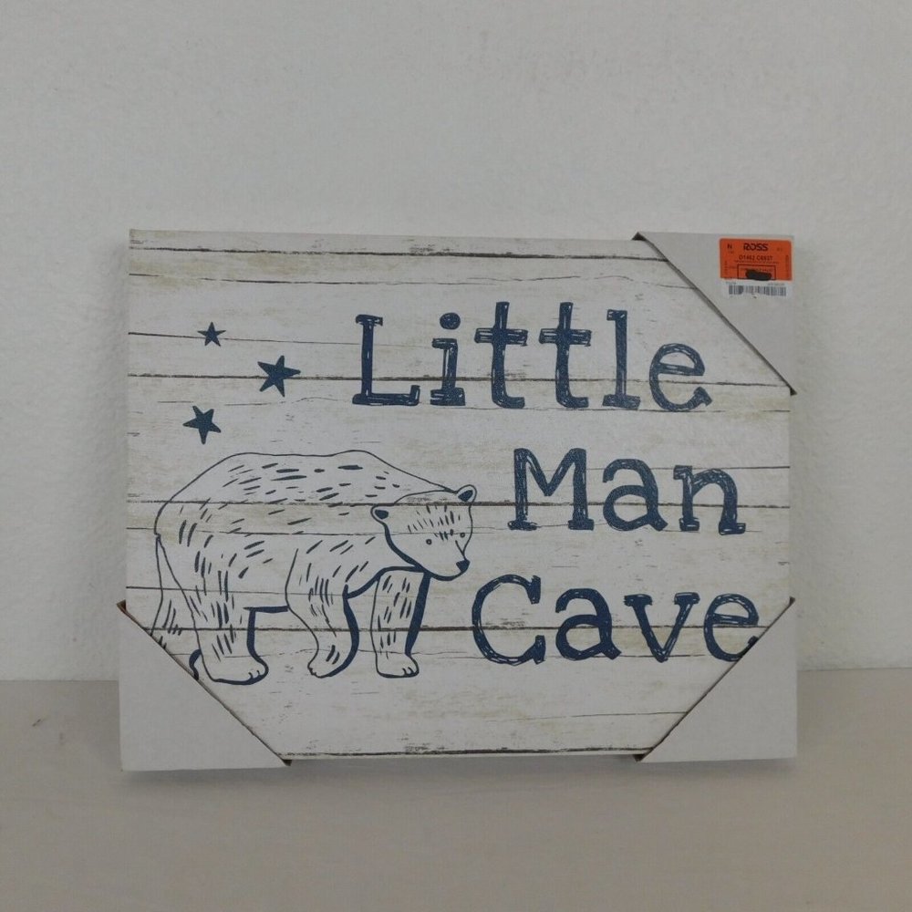 Little Man Cave Black Bear Stars Canvas with Wood Look Nursery Decor Boys Room